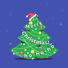 Xmas tree icon with merry christmas letters as a garland. Flat vector symbol of a green fir decorated for celebrating christmas and happy new year. Holiday symbol with santa hat isolated on purple