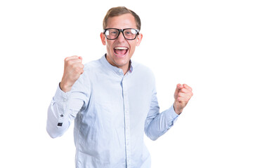 This is luck and success! Young happy man shouts with delight, isolated on white background.