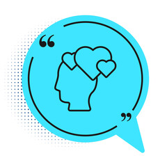 Black line Human head with heart icon isolated on white background. Love concept with human head. Blue speech bubble symbol. Vector.