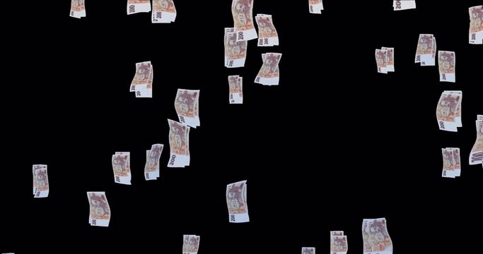 Overlay with rain from 200 Czech crown banknotes on a transparent background. Looped endless business background on the topic of bank and money.
