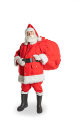New Year's Santa Claus in full growth with a backpack of gifts on an isolated white background.