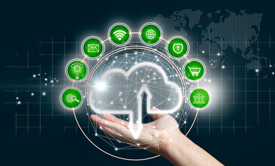 Hand holding the cloud icon as a Cloud computing, Technology connectivity concept.