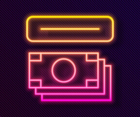 Glowing neon line ATM - Automated teller machine and money icon isolated on black background. Vector.