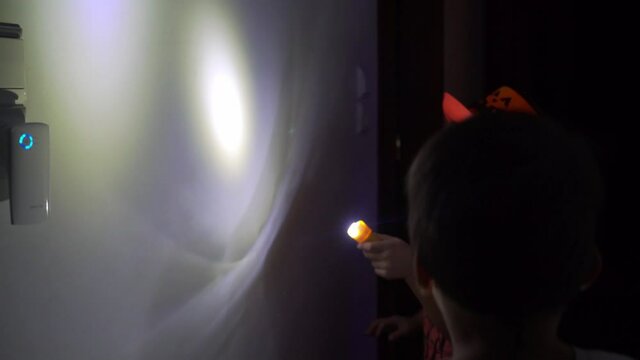 Two Caucasian Brothers Children, Playing At House's Dark Hallway, Holding Flashlights 4K