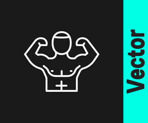 White line Bodybuilder showing his muscles icon isolated on black background. Fit fitness strength health hobby concept. Vector.
