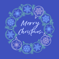 Inscription Merry Christmas with violet letters in frame made of toy balls with color snowflakes inside on blue background