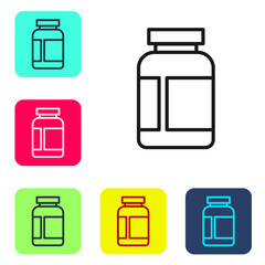 Black line Sports nutrition bodybuilding proteine power drink and food icon isolated on white background. Set icons in color square buttons. Vector.