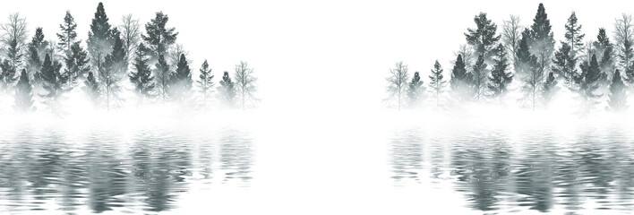 Winter abstract landscape. Sunlight in the winter forest. Abstract forest landscape, trees on the river bank, reflection in the water. Snow, Winter, smoke, smog. 3D illustration