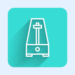 White line Classic Metronome with pendulum in motion icon isolated with long shadow. Equipment of music and beat mechanism. Green square button. Vector.