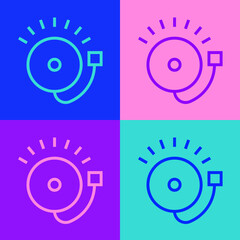 Pop art line Ringing alarm bell icon isolated on color background. Fire alarm system. Service bell, handbell sign, notification symbol. Vector.