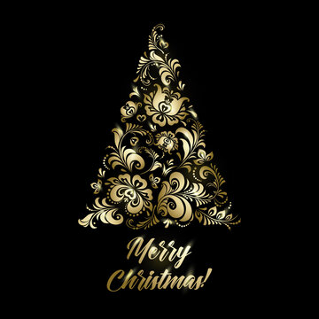 Greeting card with shiny golden fir tree of Petrykivka decorative painting and inscription Merry Christmas on black background. Khokhloma pattern.