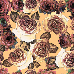 Cactuses and rose flowers seamless pattern.
