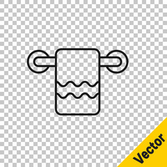 Black line Towel on a hanger icon isolated on transparent background. Bathroom towel icon. Vector.