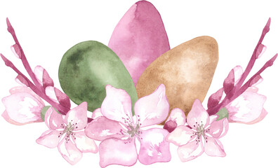Watercolor Easter composition of painted eggs, flowers and pussy willow. Perfect for printing, textile, web design, various souvenirs, scrapbooking and other creative projects.