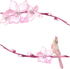 Watercolor beautiful frame of pussy willow and flowers. Perfect for printing, textile, web design, various souvenirs, scrapbooking and other creative projects.