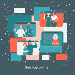 People meeting online via video conference on a computer on Christmas holiday. Vector
Christmas online party. Happy friends celebrating new year on video chat. 
