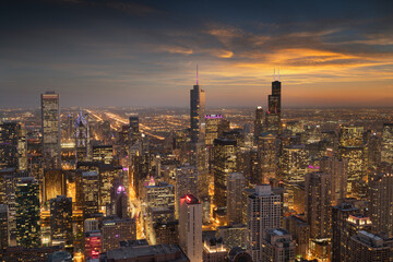 Chicago, Illinois, USA aerial cityscape towards Lake Michigan