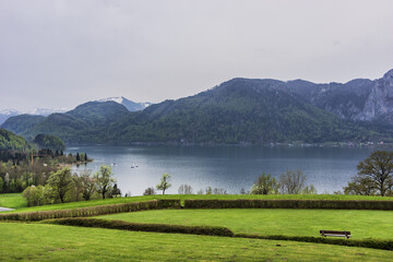 Picturesque mountain range and lake in the Austrian Alps.