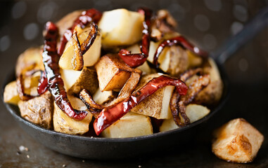 pan of spanish fried potatoes with capsicum and onions