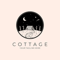 Cottage Line Art Logo Vector Illustration Design, Cabin Monoline Template Design