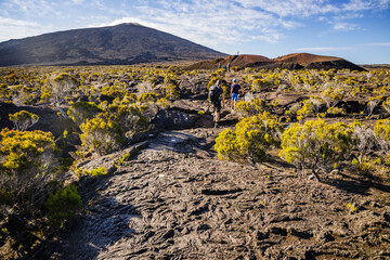 Hikers walking to the summit of the Piton de la Fournaise volcano in Réunion - obrazy, fototapety, plakaty
