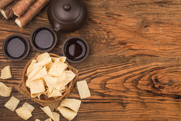 A plate of fried crispy yam slices,