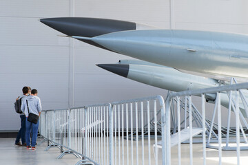 Nuclear missiles in the hangar. Military Space Forces ammunition