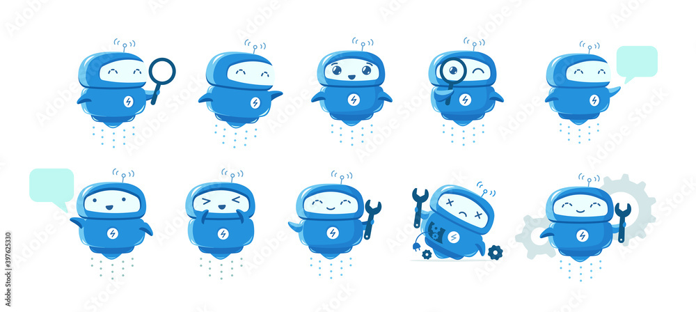 Wall mural little flying robot mascot character set. support service-center. chat bot. search with magnifying. 