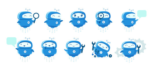 Little flying Robot mascot character set. Support service-center. Chat bot. Search with magnifying. For all tasks. Cartoon vector illustration. - obrazy, fototapety, plakaty