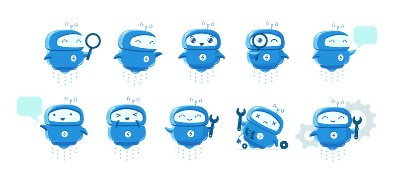 Little flying Robot mascot character set. Support service-center. Chat bot. Search with magnifying. For all tasks. Cartoon vector illustration.