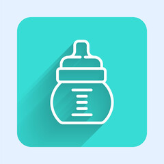 Obraz premium White line Baby bottle icon isolated with long shadow. Feeding bottle icon. Milk bottle sign. Green square button. Vector.