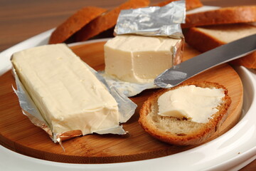 Processed cheese and bread. Breakfast. Appetizer series.