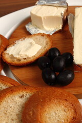 Processed cheese and bread. Breakfast. Appetizer series.