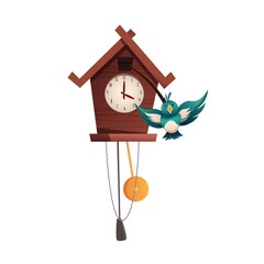 Old Russian wooden cuckoo clock with cute bird chirping every hour. Cartoon vector illustration.