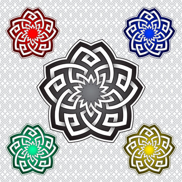 Pentagonal logo template in Celtic knots style. Stylish tattoo symbol. Silver ornament for jewelry design and samples of other colors.