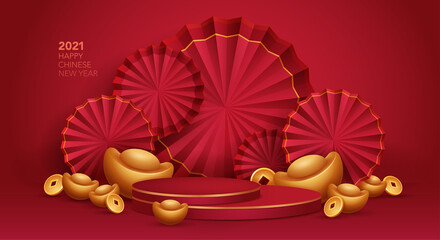 3D illustration Chinese New Year red and golden theme product display background with ingot, paper fan and podium.