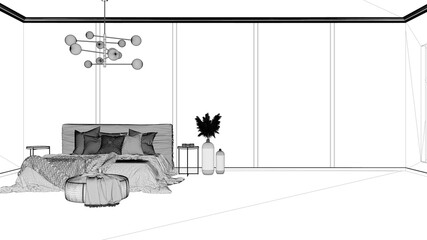 Blueprint project draft, classic background with copy space: empty bedroom, double bed with blanket, linens, pillows, pouf, decors, chandelier. Home and hotel interior design concept