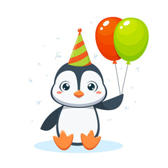 A cute penguin is holding two balloons. Isolated Vector Illustration