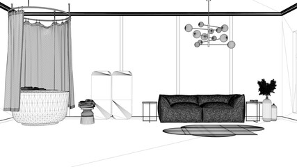 Blueprint project draft, classic background with copy space: empty bathroom with vintage bathtub, shower curtain, carpet, sofa, mirrors, stool. Home and hotel interior design concept