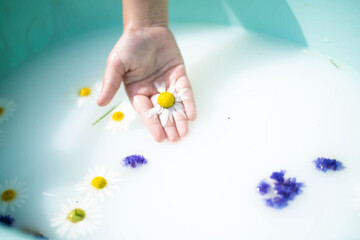 hand with flowers in wash basin