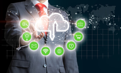 Businessman touching the cloud icon as a Cloud computing, Technology connectivity concept