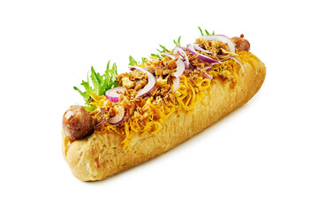 Juicy hot dog with various toppings on white