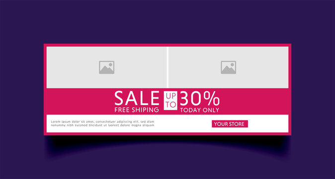 Sale facebook cover page timeline web ad banner template with two photo place modern layout white background and vivid pink shape and text design