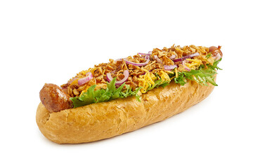 Hot dog with huge sausage and various toppings on white
