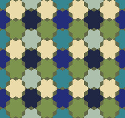 seamless vector pattern of hexagons in gray, blue, green.