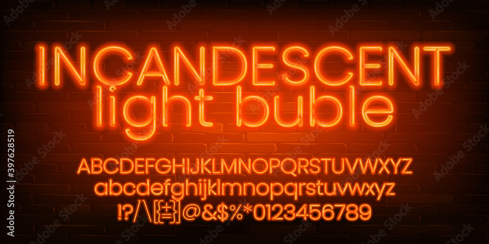 Fototapete incandescent light bulb alphabet font. orange neon light letters, numbers and symbols. brick wall ba