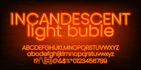 Incandescent Light Bulb alphabet font. Orange neon light letters, numbers and symbols. Brick wall background. Stock vector typescript for your design.