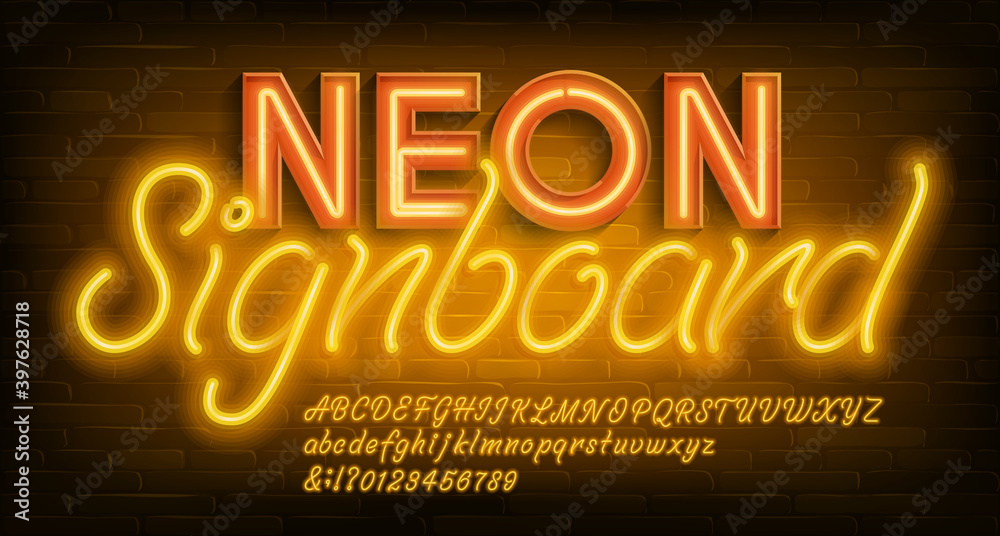Fototapete neon alphabet font. yellow neon light letters and numbers. brick wall background. stock vector types