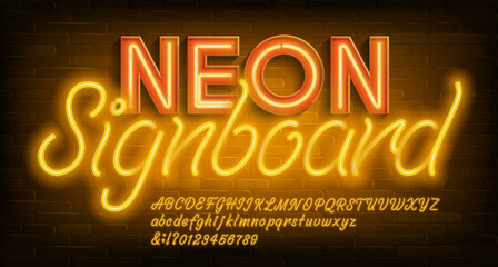 Neon alphabet font. Yellow neon light letters and numbers. Brick wall background. Stock vector typescript for your design. © epifantsev