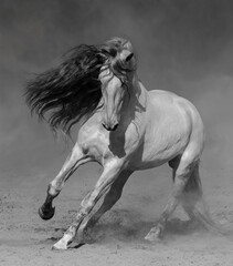 Light gray Purebred Andalusian horse plays on sand in dust.